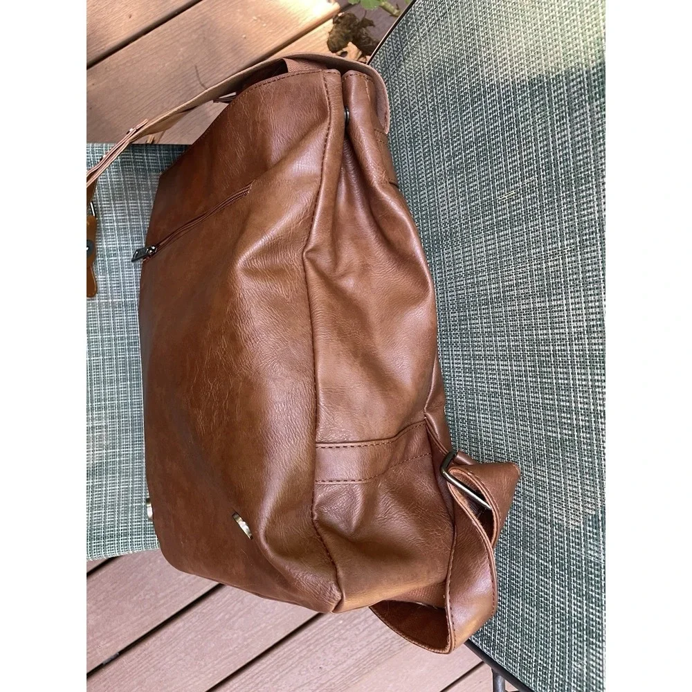 LXY Vegan Leather Backpack Brown Flap Buckle Laptop Pocket Travel Bag